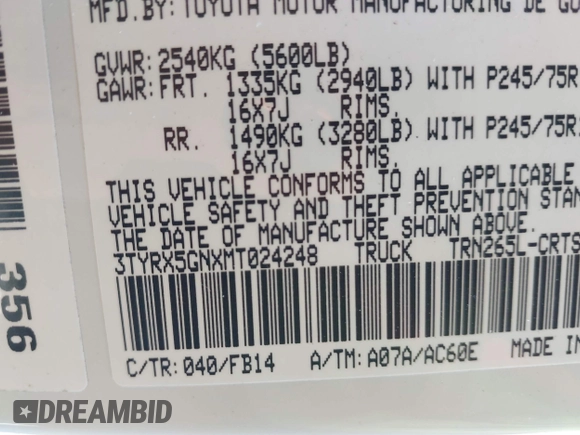 2021 Toyota Tacoma SR с VIN 3TYRX5GNXMT024248, выставлен на аукционе IAAI как лот 42082901 с пробегом 29 078 миль миль и . История ставок и продаж доступна на DreamBid. Изображение 9.