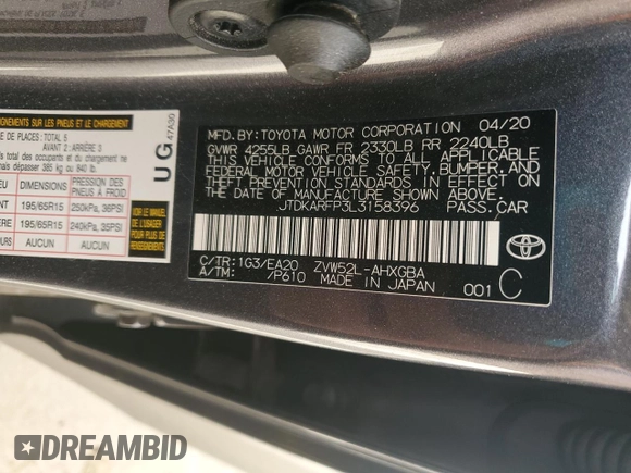 2020 Toyota Prius LE with VIN JTDKARFP3L3158396, listed as a Copart auction lot 47314445 with 156,664 mi miles and Salvage title. Bid and sale history available at DreamBid. Image 14.