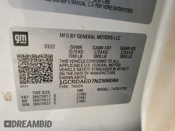 2022 Chevrolet Silverado 1500 Work Truck with VIN 1GCRDAED7NZ506084, listed as a Copart auction lot 44052965 with 137,013 mi miles and Clean Title. Bid and sale history available at DreamBid. Image 12.