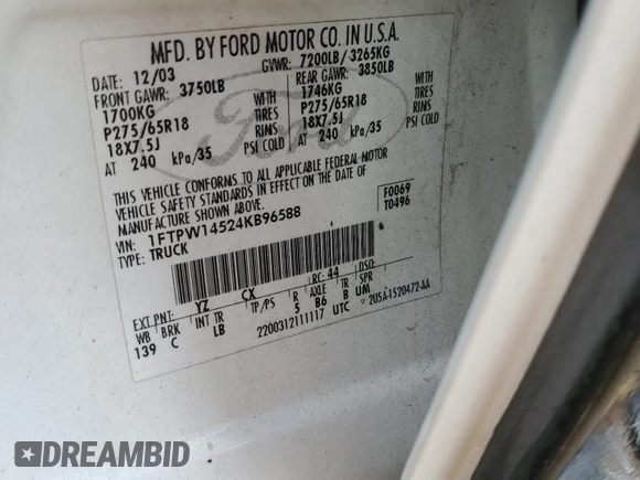 2004 Ford F-150 XLT with VIN 1FTPW14524KB96588, listed as a Copart auction lot 65389175 with 238,182 mi miles and Clean title. Bid and sale history available at DreamBid. Image 12.