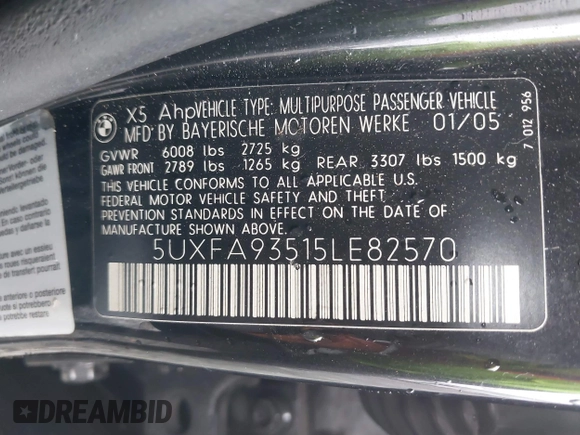 2005 BMW X5 4.8is with VIN 5UXFA93515LE82570, listed as a IAAI auction lot 41759657 with 212,687 mi miles. Bid and sale history available at carsss.com. Image 9.