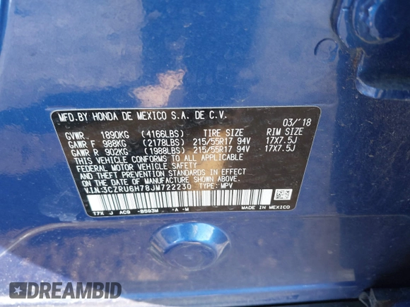 2018 Honda HR-V EX-L Navi with VIN 3CZRU6H78JM722230, listed as a IAAI auction lot 41515761 with 39,713 mi miles. Bid and sale history available at carsss.com. Image 8.