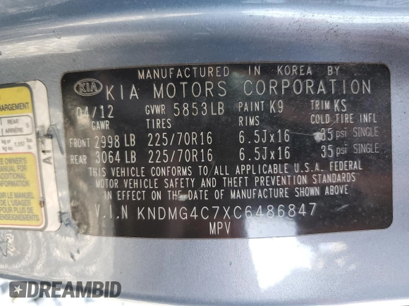 2012 Kia Sedona LX with VIN KNDMG4C7XC6486847, listed as a Copart auction lot 54514335 with 174,371 mi miles and Salvage Title. Bid and sale history available at carsss.com. Image 13.