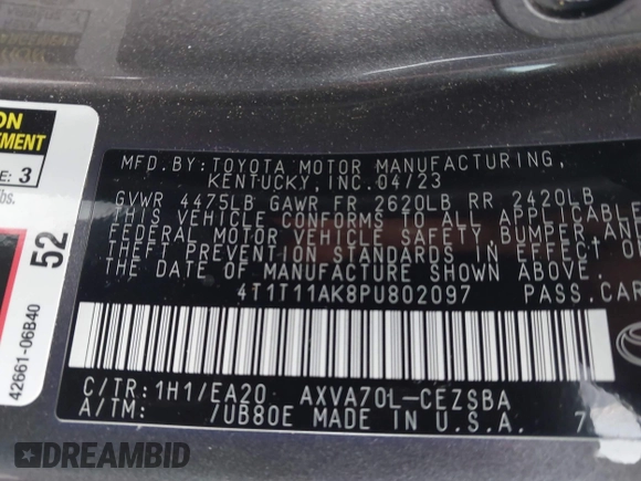 2023 Toyota Camry SE z VIN 4T1T11AK8PU802097, wystawiony jako IAAI lot #42389754 z przebiegiem 19 732 mil mil oraz . Historia ofert i sprzedaży dostępna na DreamBid. Obrazek 9.