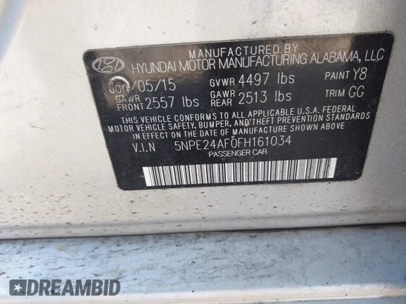 2015 Hyundai Sonata SE z VIN 5NPE24AF0FH161034, wystawiony jako IAAI lot #41640925 z przebiegiem 223 268 mil mil oraz . Historia ofert i sprzedaży dostępna na DreamBid. Obrazek 9.