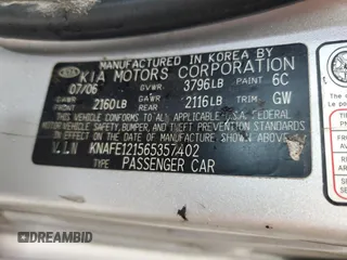 2006 Kia Spectra EX with VIN KNAFE121565357402, listed as a Copart auction lot 72889614 with 200,657 mi miles and Salvage Title. Bid and sale history available at carsss.com. Image 12.