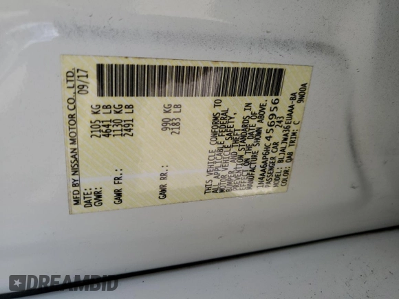 2017 Nissan Maxima SR with VIN 1N4AA6AP6HC456956, listed as a Copart auction lot 52678095 with 111,421 mi miles and Salvage title. Bid and sale history available at DreamBid. Image 12.