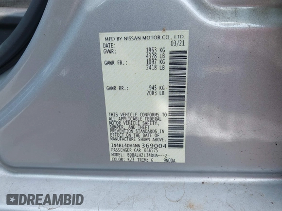 2021 Nissan Altima SV with VIN 1N4BL4DV4MN369004, listed as a IAAI auction lot 41949258 with 91,281 mi miles and . Bid and sale history available at DreamBid. Image 9.