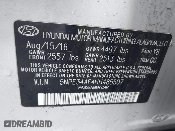 2017 Hyundai Sonata Sport with VIN 5NPE34AF4HH485507, listed as a IAAI auction lot 41853885 with 53,875 mi miles. Bid and sale history available at carsss.com. Image 9.