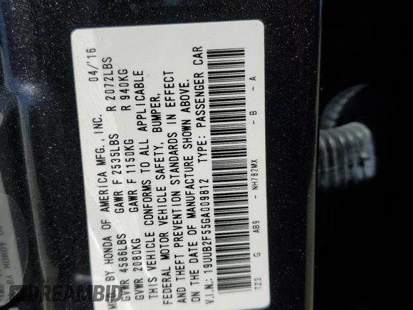 2016 Acura TLX Technology with VIN 19UUB2F55GA009812, listed as a Copart auction lot 53988675 with 60,578 mi miles and Salvage title. Bid and sale history available at DreamBid. Image 12.
