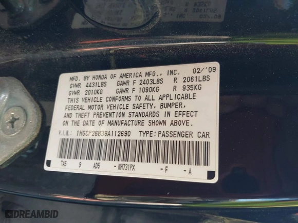 2009 Honda Accord Sdn EX-L with VIN 1HGCP26839A112690, listed as a IAAI auction lot 41866974 with 361,031 mi miles. Bid and sale history available at carsss.com. Image 9.