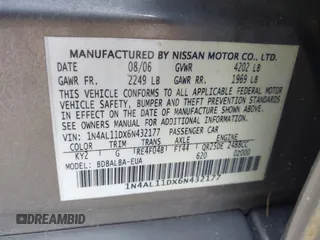 2006 Nissan Altima S with VIN 1N4AL11DX6N432177, listed as a IAAI auction lot 42298645 with 145,677 mi miles and . Bid and sale history available at DreamBid. Image 9.