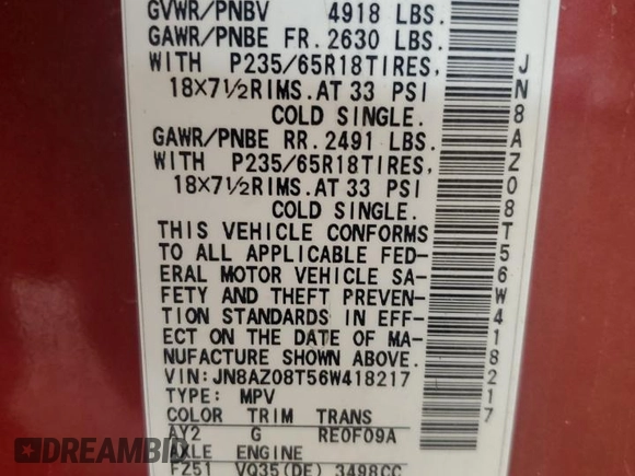 2006 Nissan Murano SL с VIN JN8AZ08T56W418217, выставлен на аукционе Copart как лот 57130025 с пробегом 189 685 миль миль и Списание • Salvage title. История ставок и продаж доступна на DreamBid. Изображение 13.