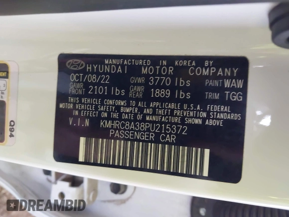 2023 Hyundai Venue SEL with VIN KMHRC8A38PU215372, listed as a IAAI auction lot 41515500 with 65,685 mi miles and . Bid and sale history available at DreamBid. Image 9.