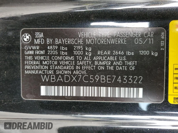 2011 BMW 3 Series 335i with VIN WBADX7C59BE743322, listed as a Copart auction lot 84219074 with 94,623 mi miles and Salvage Title. Bid and sale history available at carsss.com. Image 12.