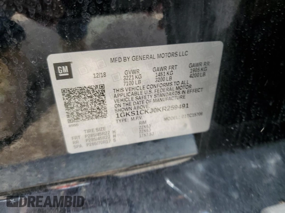 2019 GMC Yukon Denali with VIN 1GKS1CKJ0KR259491, listed as a Copart auction lot 51071335 with 105,294 mi miles and Salvage Title. Bid and sale history available at carsss.com. Image 15.