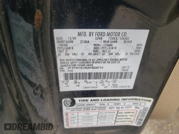2010 Ford F-150 XL with VIN 1FTFW1EV6AFB24713, listed as a Copart auction lot 58839445 with 200,262 mi miles and Clean title. Bid and sale history available at DreamBid. Image 12.