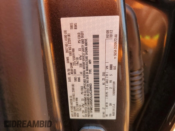2020 Ford Escape Titanium Hybrid with VIN 1FMCU0DZ3LUC29663, listed as a Copart auction lot 59543145 with 65,918 mi miles and Salvage title. Bid and sale history available at DreamBid. Image 13.