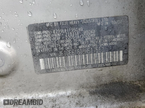 2008 Subaru Impreza i с VIN JF1GE61618H517512, выставлен на аукционе Copart как лот 55857755 с пробегом 90 516 миль миль и На запчасти • Non repairable. История ставок и продаж доступна на DreamBid. Изображение 13.