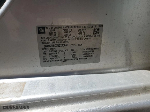 2014 GMC Sierra 1500 SLE with VIN 3GTU2UEC7EG275048, listed as a Copart auction lot 50215685 with 176,025 mi miles and Salvage Title. Bid and sale history available at carsss.com. Image 12.