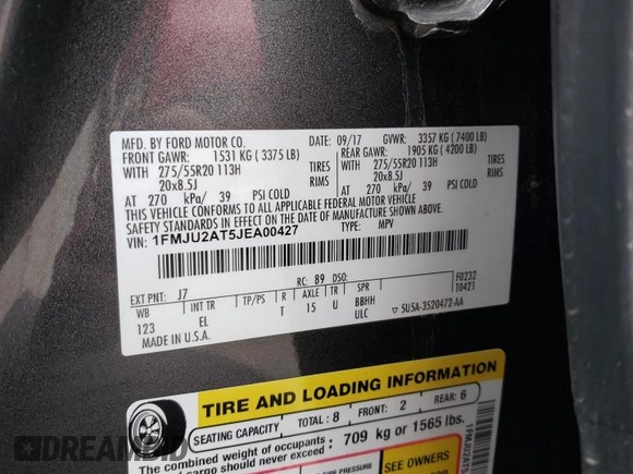 2018 Ford Expedition Limited with VIN 1FMJU2AT5JEA00427, listed as a Copart auction lot 55670205 with 121,842 mi miles and Salvage title. Bid and sale history available at DreamBid. Image 13.
