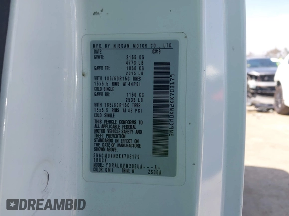 2019 Nissan NV200 SV with VIN 3N6CM0KN2KK703179, listed as a IAAI auction lot 42159879 with 166,428 mi miles and . Bid and sale history available at DreamBid. Image 9.