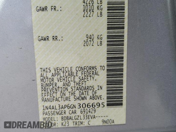 2016 Nissan Altima S with VIN 1N4AL3AP6GN306695, listed as a Copart auction lot 54538315 with 71,530 mi miles and Salvage Title. Bid and sale history available at DreamBid. Image 12.