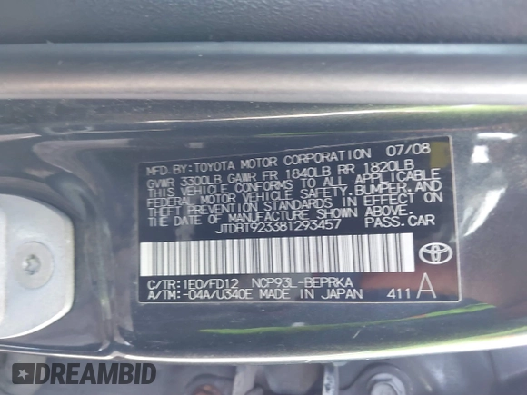 2008 Toyota Yaris with VIN JTDBT923381293457, listed as a IAAI auction lot 41781292 with 246,654 mi miles and . Bid and sale history available at carsss.com. Image 9.