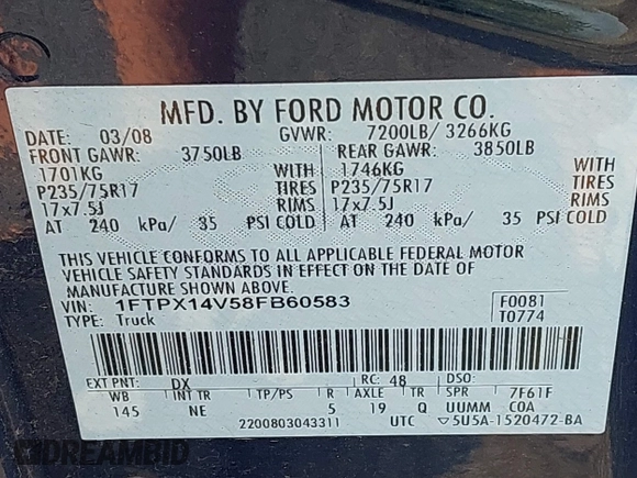 2008 Ford F-150 XLT with VIN 1FTPX14V58FB60583, listed as a IAAI auction lot 42409162 with 194,291 mi miles and . Bid and sale history available at DreamBid. Image 9.