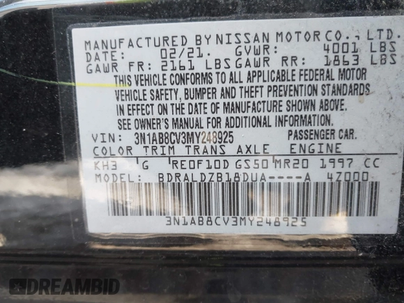 2021 Nissan Sentra SV with VIN 3N1AB8CV3MY248925, listed as a IAAI auction lot 41607669 with 58,093 mi miles and . Bid and sale history available at carsss.com. Image 9.