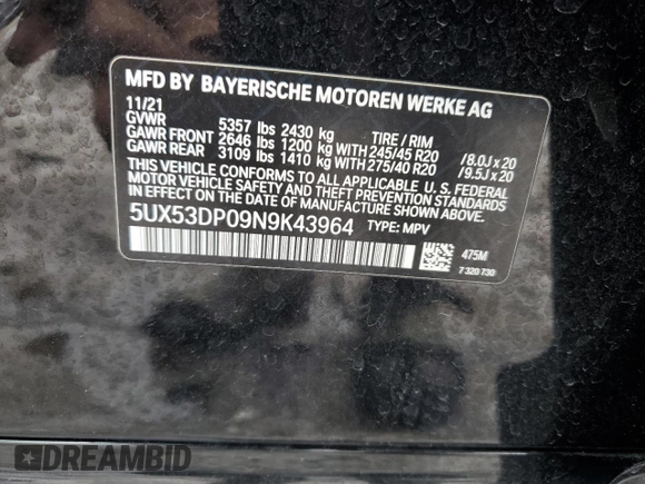 2022 BMW X3 xDrive30i with VIN 5UX53DP09N9K43964, listed as a Copart auction lot 48663145 with 32,306 mi miles and Salvage Title. Bid and sale history available at DreamBid. Image 13.