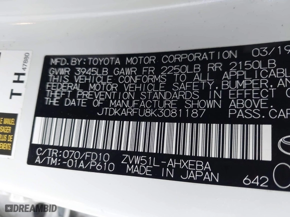 2019 Toyota Prius L Eco with VIN JTDKARFU8K3081187, listed as a IAAI auction lot 41771346 with 64,864 mi miles. Bid and sale history available at carsss.com. Image 9.