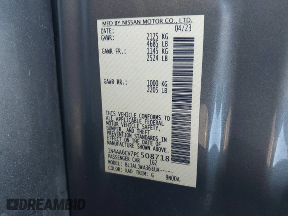 2023 Nissan Maxima SV with VIN 1N4AA6CV7PC508718, listed as a IAAI auction lot 42222172 with 35,802 mi miles and . Bid and sale history available at DreamBid. Image 9.