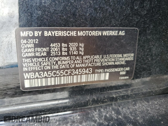 2012 BMW 3 Series 328i with VIN WBA3A5C55CF345943, listed as a Copart auction lot 55665205 with 124,994 mi miles and Clean Title. Bid and sale history available at carsss.com. Image 12.