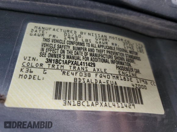 2010 Nissan Versa S with VIN 3N1BC1APXAL411429, listed as a Copart auction lot 50638725 with 95,893 mi miles and Salvage Title. Bid and sale history available at DreamBid. Image 12.