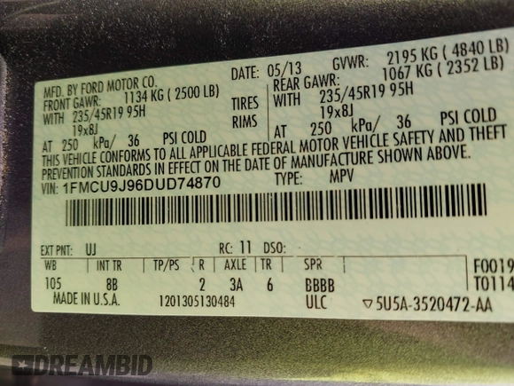 2013 Ford Escape Titanium with VIN 1FMCU9J96DUD74870, listed as a IAAI auction lot 42415332 with 178,651 mi miles and . Bid and sale history available at DreamBid. Image 9.