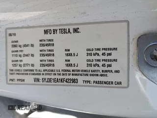 2019 Tesla Model 3 Mid Range with VIN 5YJ3E1EA1KF422983, listed as a IAAI auction lot 41861334 with 53,017 mi miles. Bid and sale history available at carsss.com. Image 9.