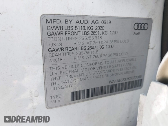 2019 Audi Q3 Premium with VIN WA1AECF37K1077089, listed as a IAAI auction lot 41742732 with 61,038 mi miles and . Bid and sale history available at DreamBid. Image 9.