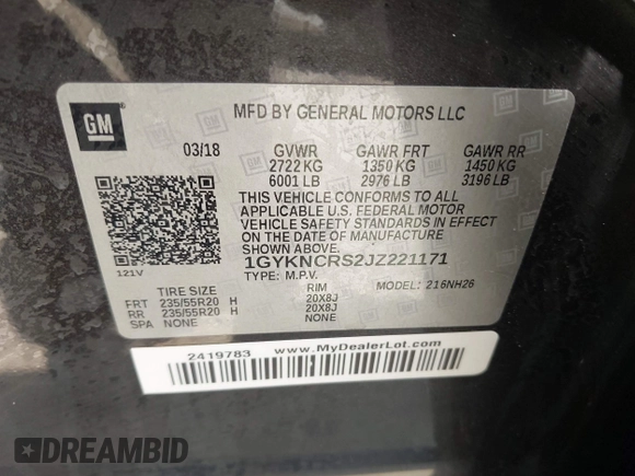 2018 Cadillac XT5 Luxury FWD with VIN 1GYKNCRS2JZ221171, listed as a IAAI auction lot 42320479 with 111,139 mi miles and . Bid and sale history available at DreamBid. Image 9.