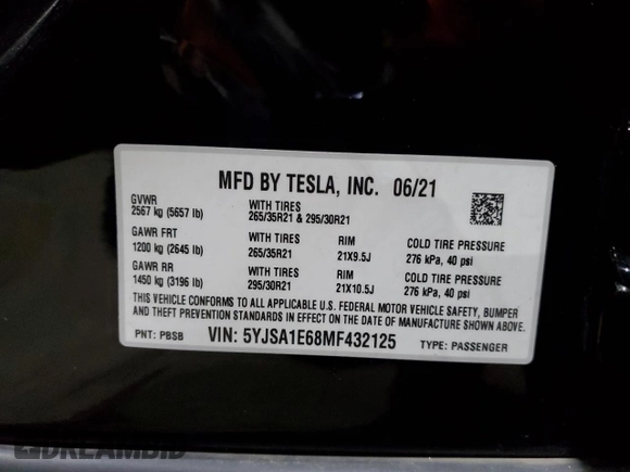 2021 Tesla Model S Plaid with VIN 5YJSA1E68MF432125, listed as a Copart auction lot 60843515 with 5,581 mi miles and Salvage title. Bid and sale history available at DreamBid. Image 12.
