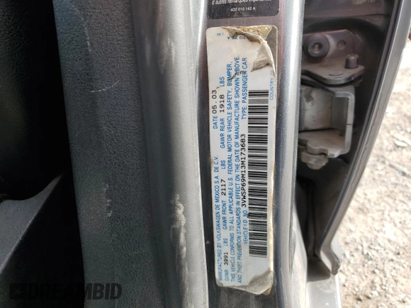2003 Volkswagen Jetta GLS with VIN 3VWSP69M13M173683, listed as a Copart auction lot 44426135 with 269,334 mi miles and Salvage title. Bid and sale history available at DreamBid. Image 14.