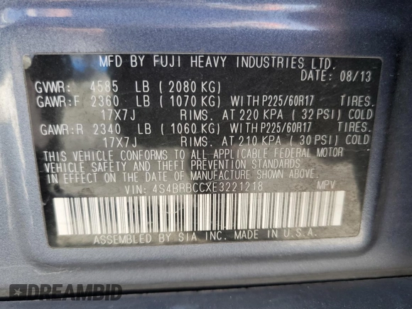 2014 Subaru Outback 2.5i Premium with VIN 4S4BRBCCXE3221218, listed as a Copart auction lot 71580874 with 91,186 mi miles and Salvage Title. Bid and sale history available at carsss.com. Image 13.