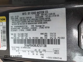 2020 Ford Fusion SE with VIN 3FA6P0HD8LR257138, listed as a IAAI auction lot 41939024 with 101,170 mi miles. Bid and sale history available at carsss.com. Image 9.
