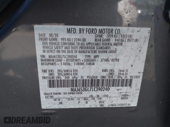 2020 Ford EcoSport SE z VIN MAJ6S3GL7LC390240, wystawiony jako IAAI lot #42142488 z przebiegiem 87 403 mil mil oraz . Historia ofert i sprzedaży dostępna na DreamBid. Obrazek 9.