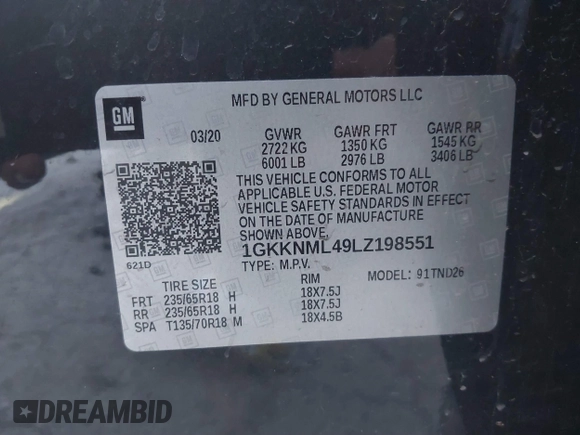 2020 GMC Acadia SLT with VIN 1GKKNML49LZ198551, listed as a IAAI auction lot 41343472 with 86,657 mi miles and . Bid and sale history available at DreamBid. Image 9.