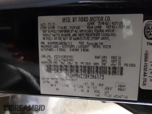 2011 Ford Fusion SPORT with VIN 3FAHP0KC2BR286173, listed as a IAAI auction lot 41276751 with 143,680 mi miles. Bid and sale history available at carsss.com. Image 9.