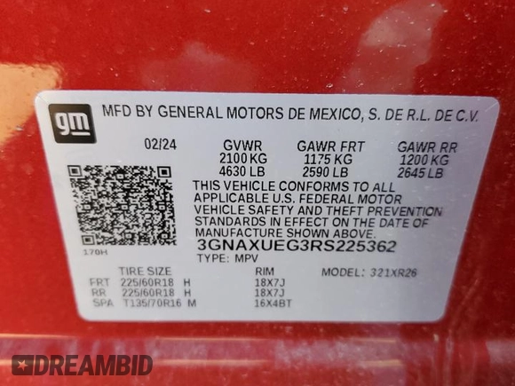2024 Chevrolet Equinox LT with VIN 3GNAXUEG3RS225362, listed as a Copart auction lot 46871345 with 4,557 mi miles and Non Repairable. Bid and sale history available at DreamBid. Image 14.