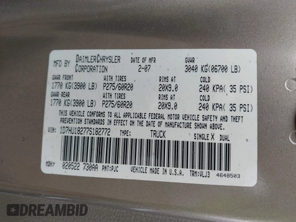 2007 Dodge 1500 Laramie with VIN 1D7HU18277S182772, listed as a IAAI auction lot 42282881 with 163,790 mi miles and . Bid and sale history available at DreamBid. Image 9.