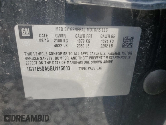 2016 Chevrolet Malibu LTZ with VIN 1G11E5SA5GU115603, listed as a Copart auction lot 70216464 with 114,235 mi miles and Salvage Title. Bid and sale history available at DreamBid. Image 14.