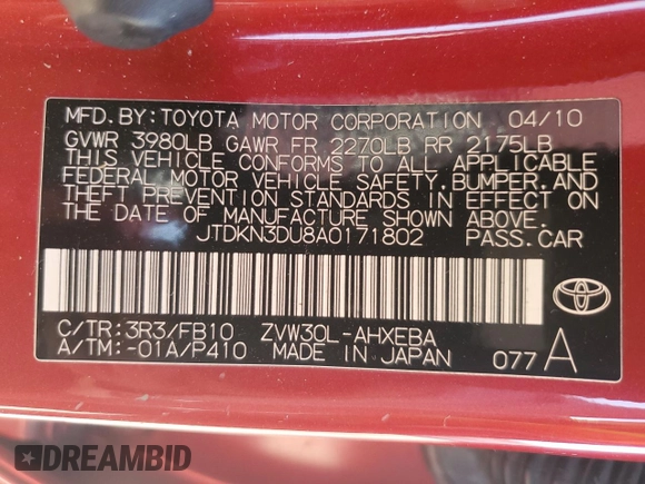 2010 Toyota Prius II with VIN JTDKN3DU8A0171802, listed as a Copart auction lot 52398925 with 167,507 mi miles and Salvage Title. Bid and sale history available at DreamBid. Image 12.